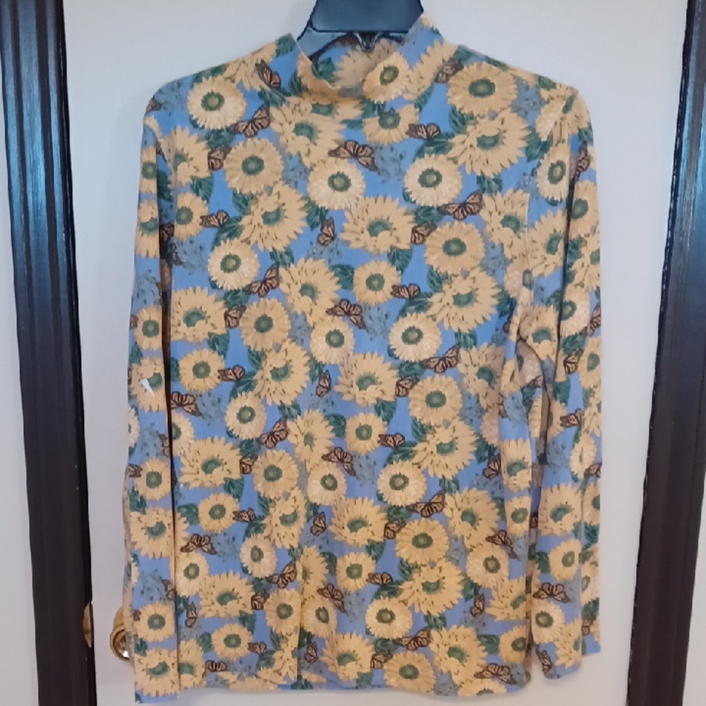 Blair Sunflower Print Long Sleeve Top - Blue and Yellow